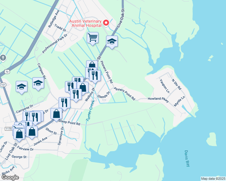 map of restaurants, bars, coffee shops, grocery stores, and more near 152 Glenda Drive in Beaufort