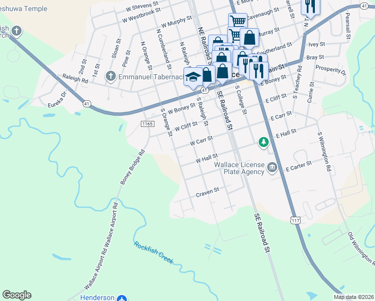 map of restaurants, bars, coffee shops, grocery stores, and more near 300-310 West Carr Street in Wallace