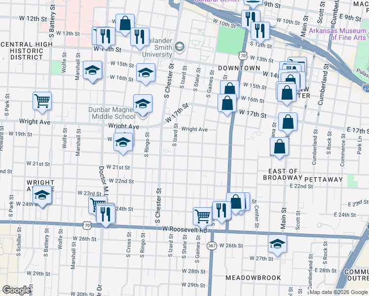 map of restaurants, bars, coffee shops, grocery stores, and more near 1871 South Izard Street in Little Rock