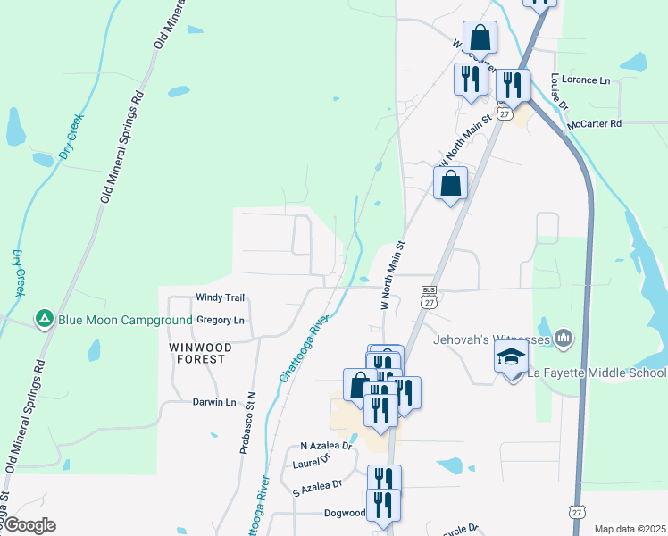 map of restaurants, bars, coffee shops, grocery stores, and more near 6 Drew Lane in LaFayette