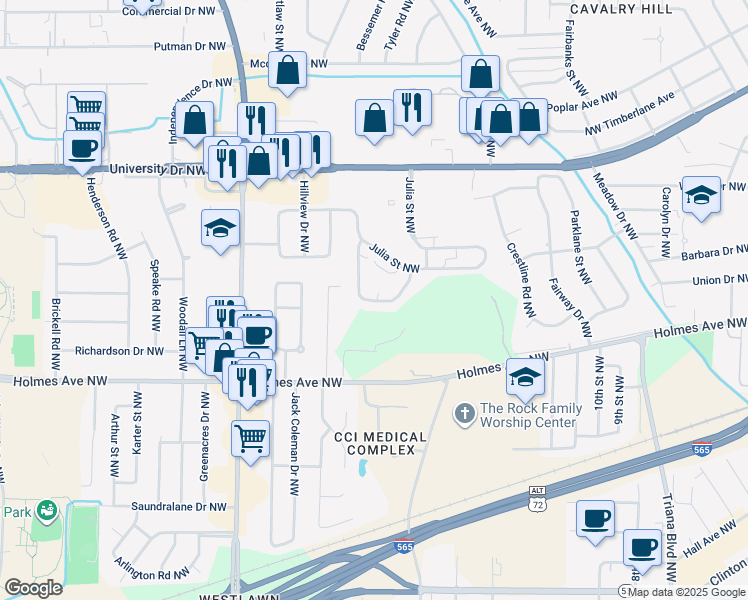 map of restaurants, bars, coffee shops, grocery stores, and more near 3632 North Crestview Drive Northwest in Huntsville