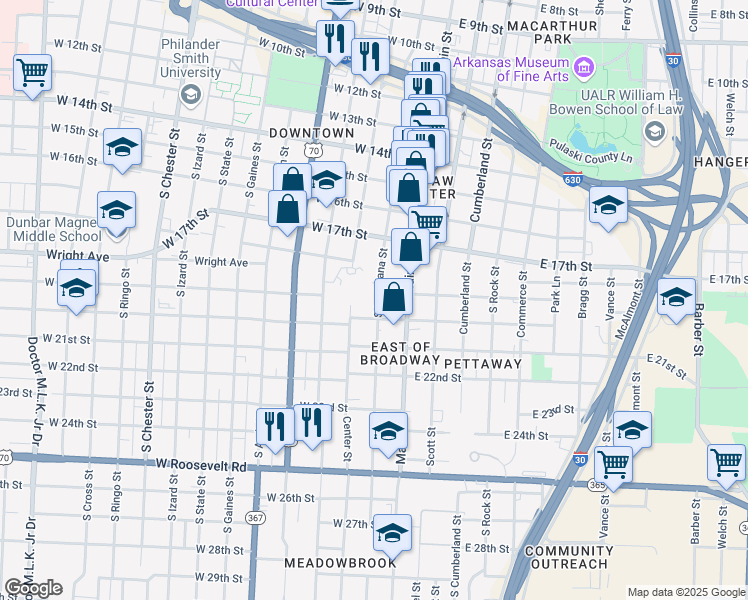 map of restaurants, bars, coffee shops, grocery stores, and more near 1824 South Louisiana Street in Little Rock