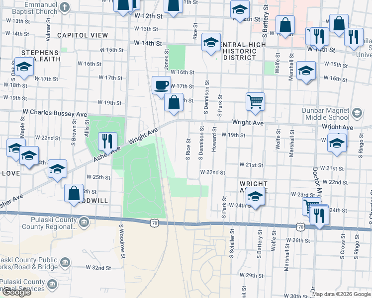 map of restaurants, bars, coffee shops, grocery stores, and more near 1912 South Rice Street in Little Rock