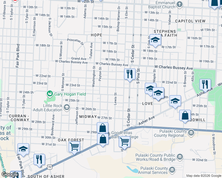map of restaurants, bars, coffee shops, grocery stores, and more near 4300 West 23rd Street in Little Rock