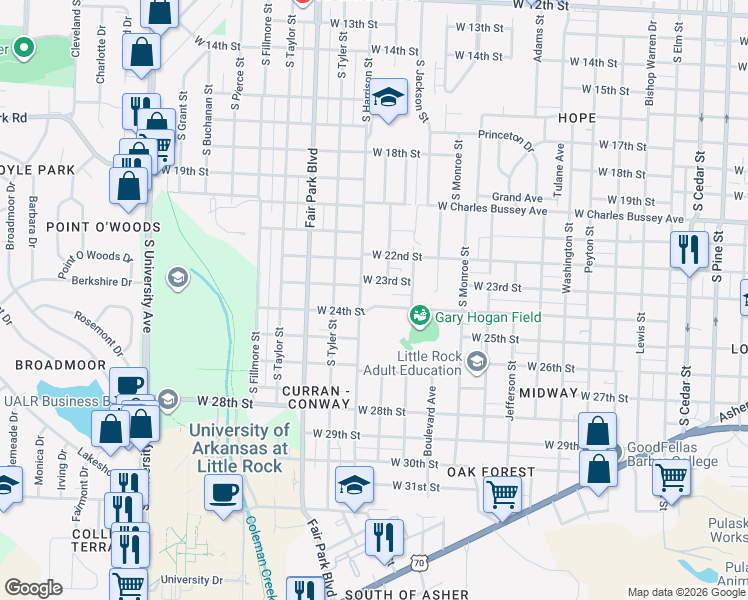 map of restaurants, bars, coffee shops, grocery stores, and more near 2301 South Harrison Street in Little Rock