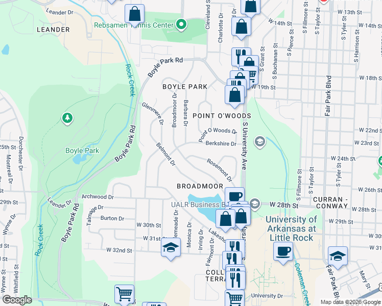 map of restaurants, bars, coffee shops, grocery stores, and more near 38 Berkshire Drive in Little Rock