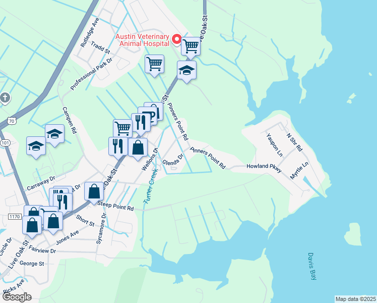map of restaurants, bars, coffee shops, grocery stores, and more near 152 Glenda Drive in Beaufort
