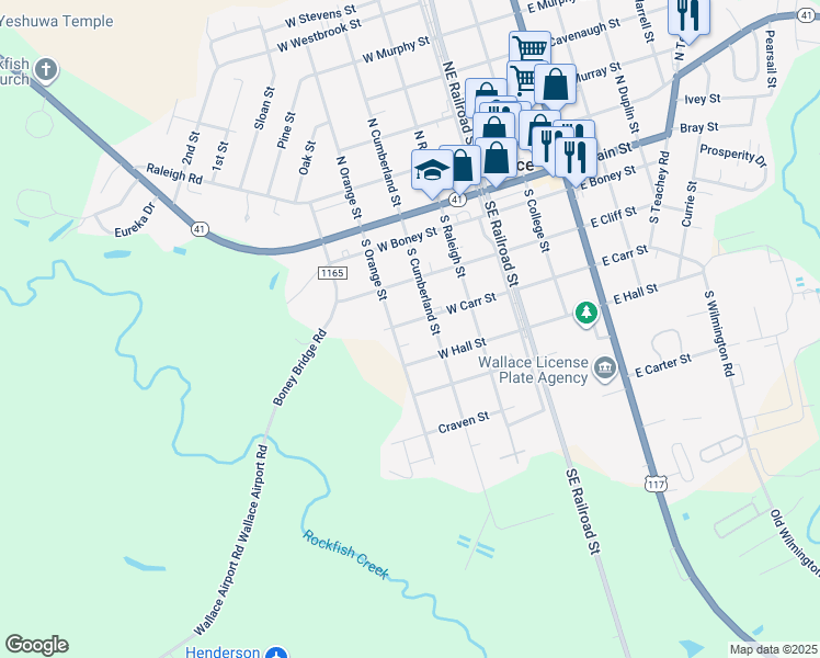 map of restaurants, bars, coffee shops, grocery stores, and more near 313 West Carr Street in Wallace