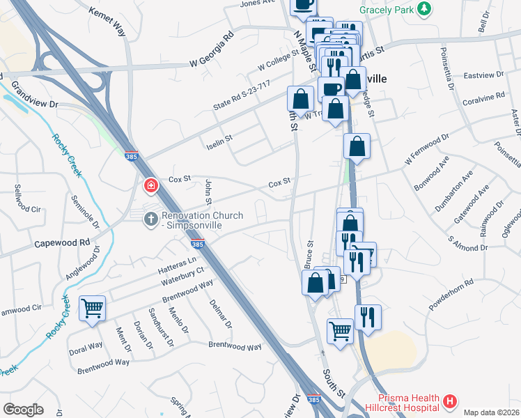 map of restaurants, bars, coffee shops, grocery stores, and more near 116 Corporate Drive in Simpsonville