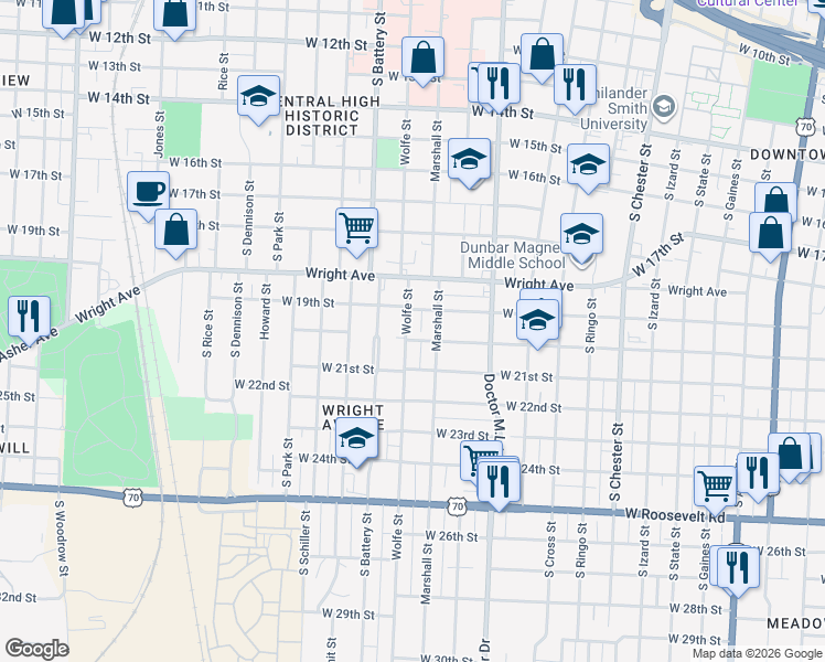map of restaurants, bars, coffee shops, grocery stores, and more near 1900 Marshall Street in Little Rock