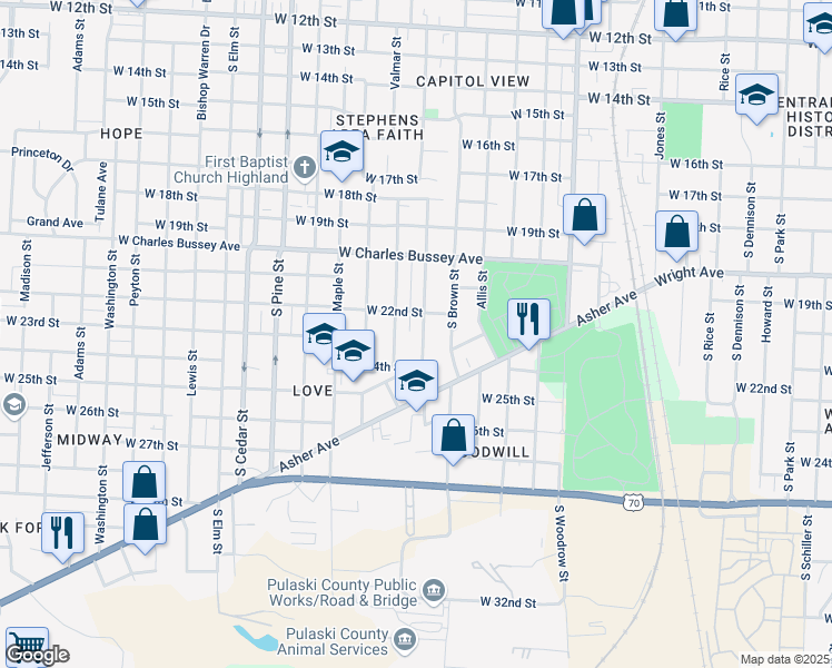 map of restaurants, bars, coffee shops, grocery stores, and more near 2201 Martin Street in Little Rock