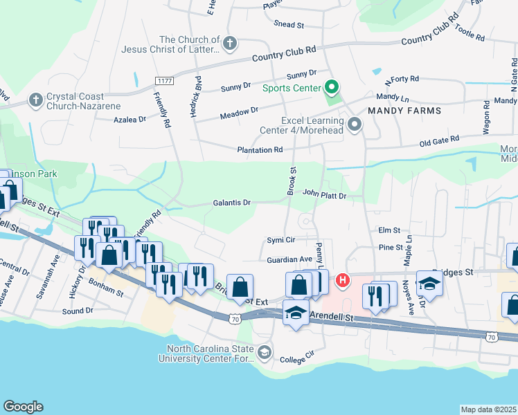 map of restaurants, bars, coffee shops, grocery stores, and more near 3822 Galantis Drive in Morehead City