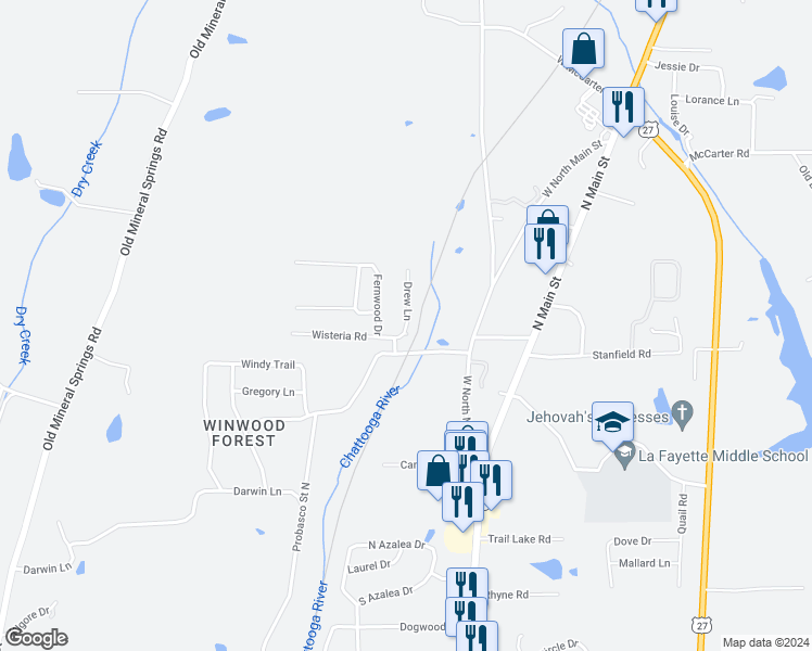 map of restaurants, bars, coffee shops, grocery stores, and more near 6 Drew Lane in LaFayette