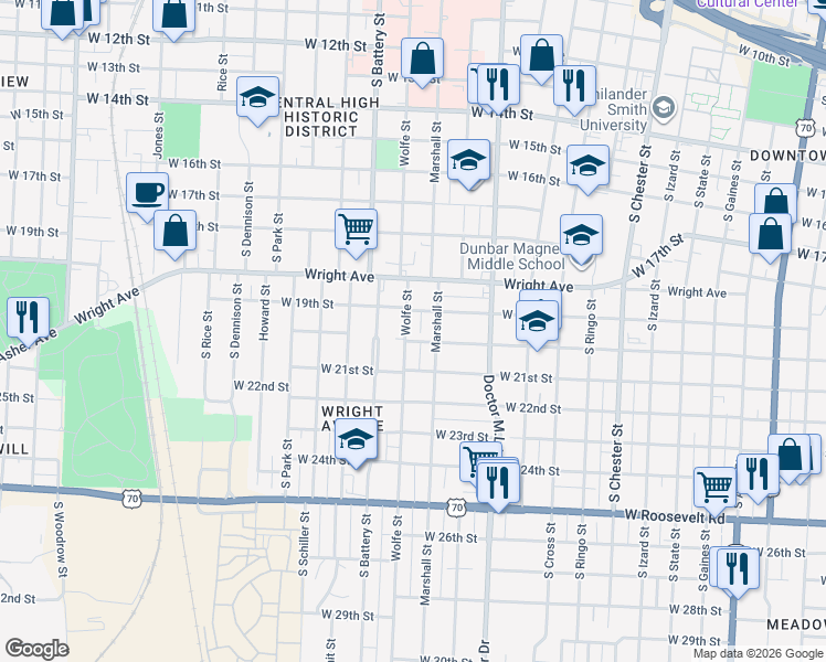 map of restaurants, bars, coffee shops, grocery stores, and more near 1900 Marshall Street in Little Rock