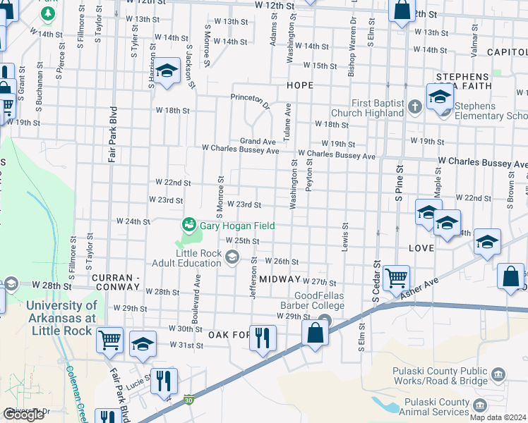 map of restaurants, bars, coffee shops, grocery stores, and more near 4600 West 23rd Street in Little Rock