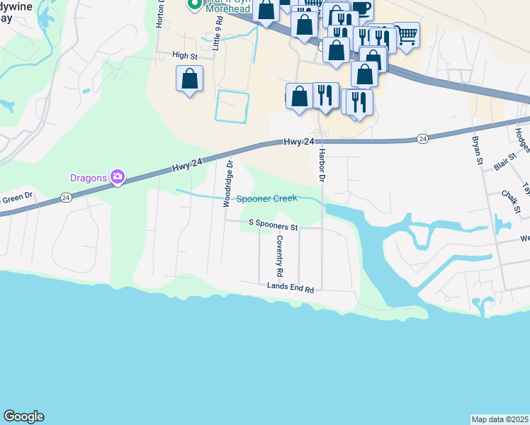 map of restaurants, bars, coffee shops, grocery stores, and more near 216 South Spooners Street in Morehead City