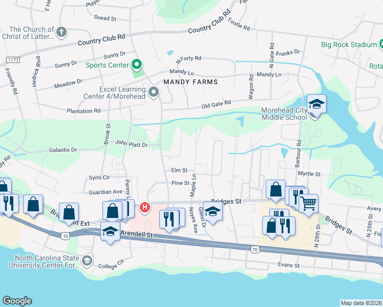 map of restaurants, bars, coffee shops, grocery stores, and more near 506 Asby Lane in Morehead City