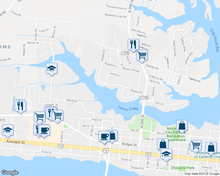 map of restaurants, bars, coffee shops, grocery stores, and more near 2311 Emeline Place in Morehead City