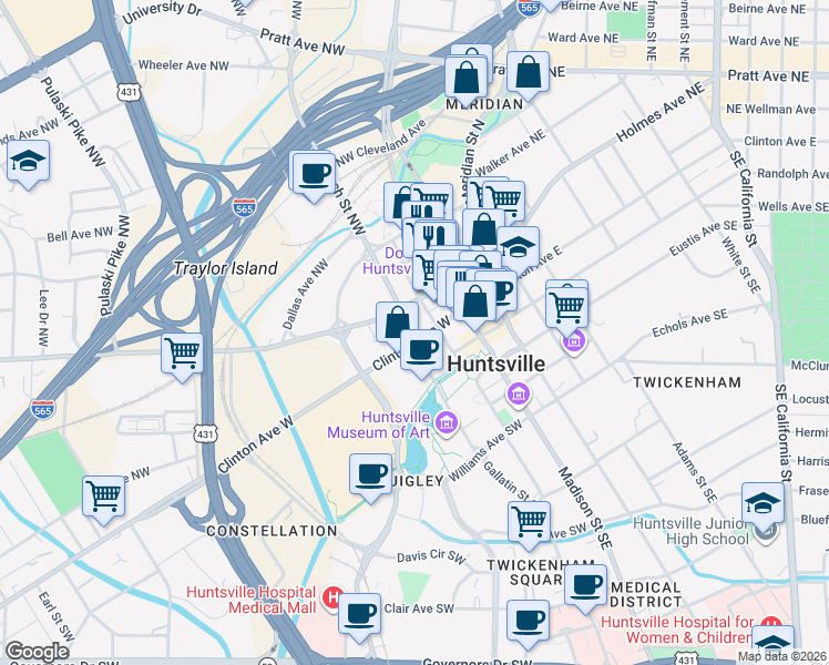 map of restaurants, bars, coffee shops, grocery stores, and more near 200 Church Street Northwest in Huntsville