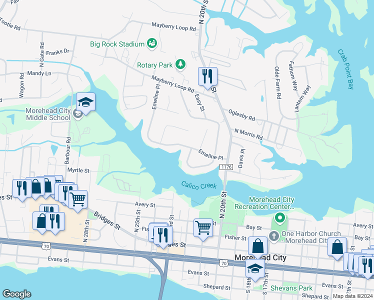 map of restaurants, bars, coffee shops, grocery stores, and more near 800 South Yaupon Terrace in Morehead City