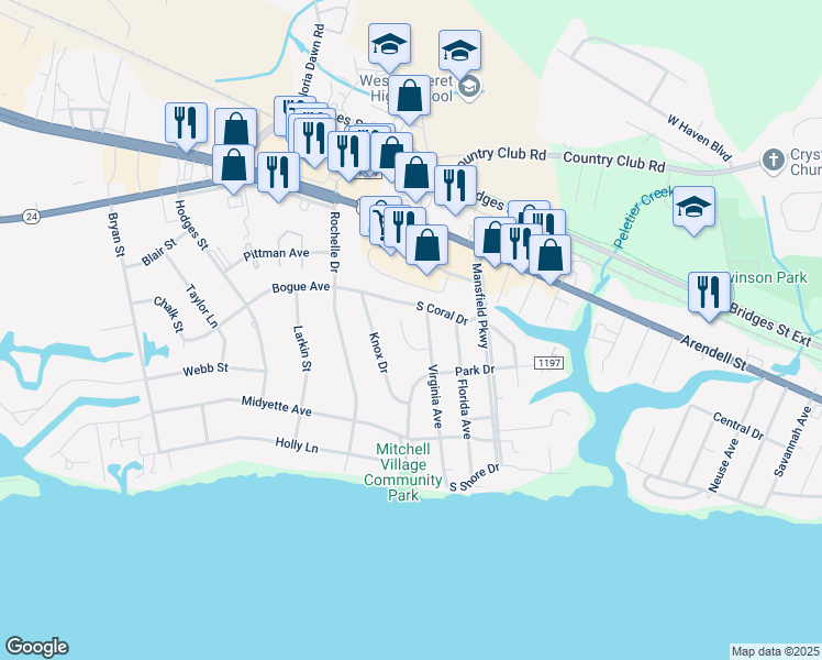 map of restaurants, bars, coffee shops, grocery stores, and more near 202 Virginia Avenue in Morehead City