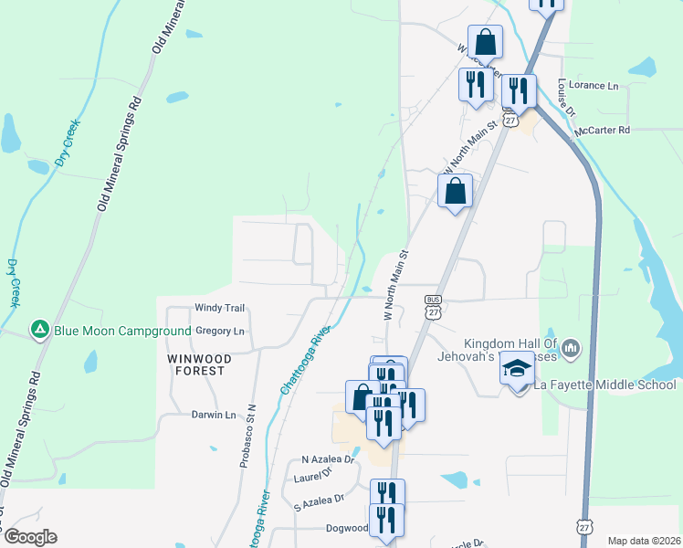 map of restaurants, bars, coffee shops, grocery stores, and more near 6 Drew Lane in LaFayette