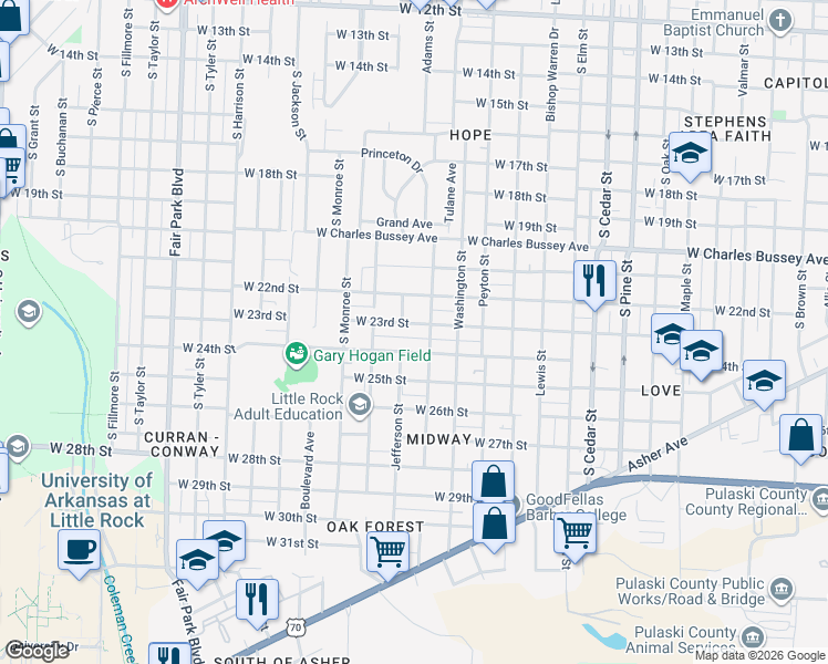 map of restaurants, bars, coffee shops, grocery stores, and more near 4600 West 23rd Street in Little Rock
