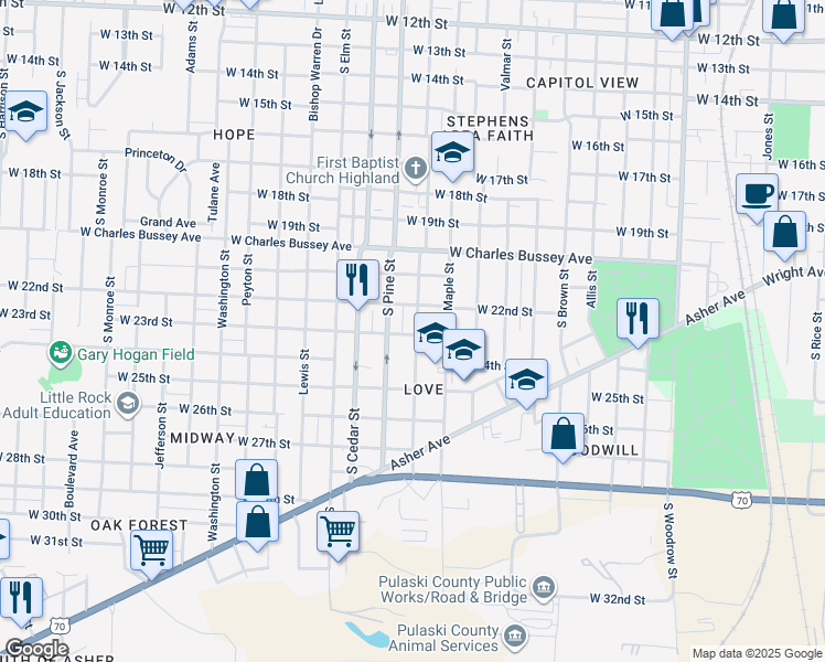 map of restaurants, bars, coffee shops, grocery stores, and more near 2224 South Oak Street in Little Rock