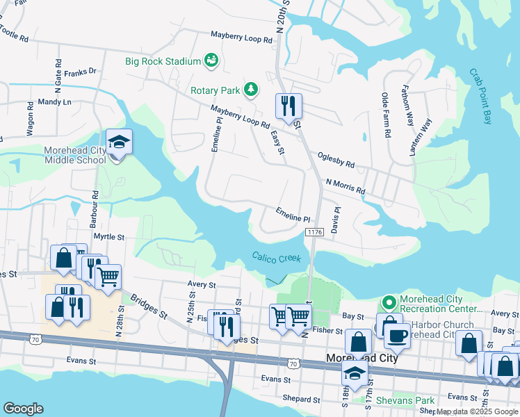 map of restaurants, bars, coffee shops, grocery stores, and more near 800 South Yaupon Terrace in Morehead City