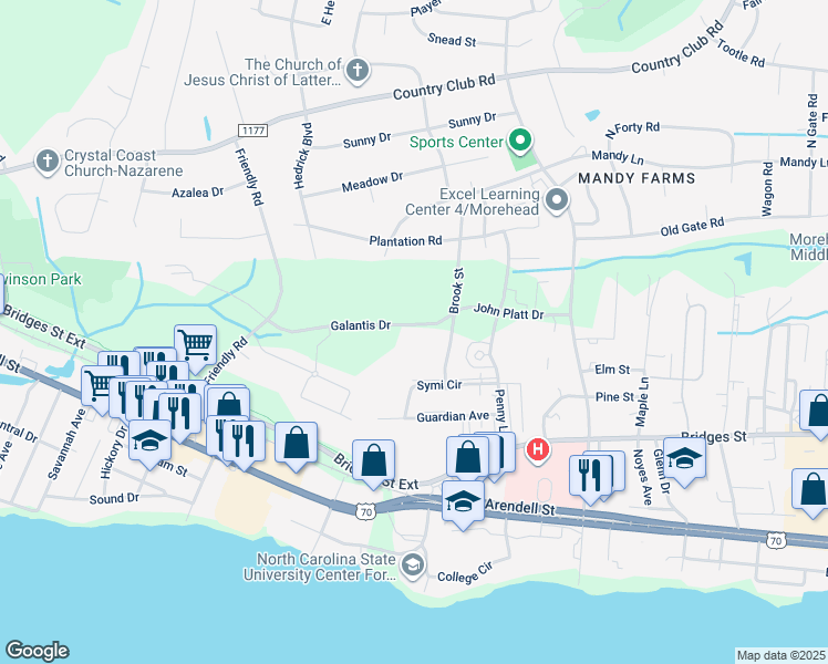 map of restaurants, bars, coffee shops, grocery stores, and more near 3821 Galantis Drive in Morehead City