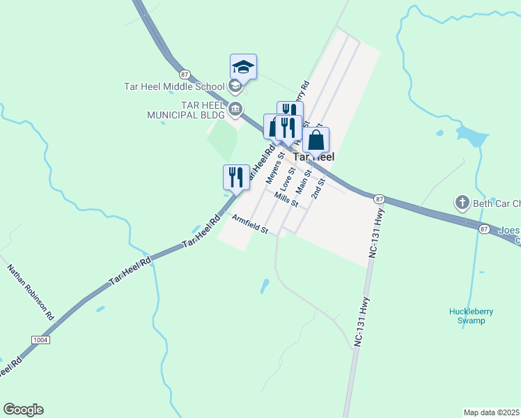 map of restaurants, bars, coffee shops, grocery stores, and more near 233 Monroe Street in Bladenboro