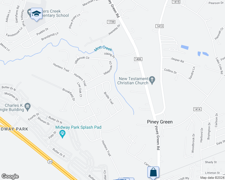 map of restaurants, bars, coffee shops, grocery stores, and more near 2435 Saddleridge Drive in Piney Green
