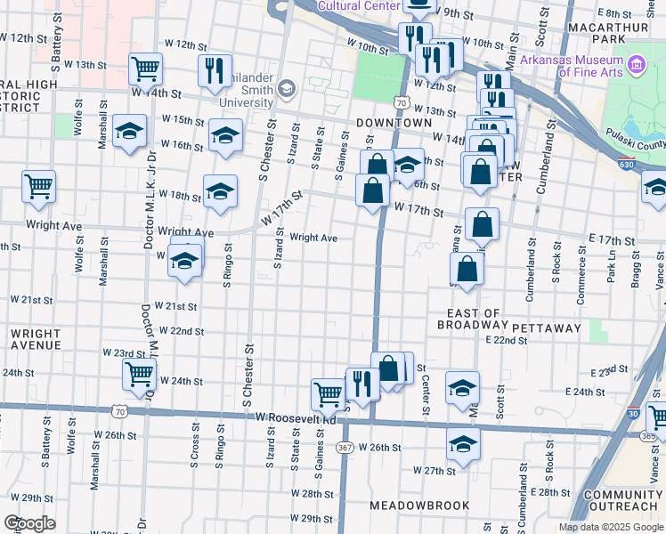map of restaurants, bars, coffee shops, grocery stores, and more near 1901 South Gaines Street in Little Rock