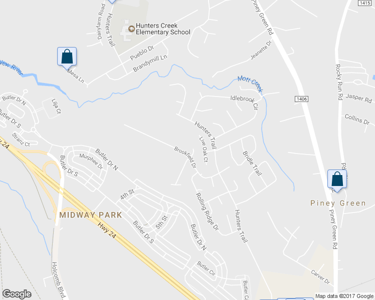 map of restaurants, bars, coffee shops, grocery stores, and more near 2626 Brookfield Drive in Piney Green