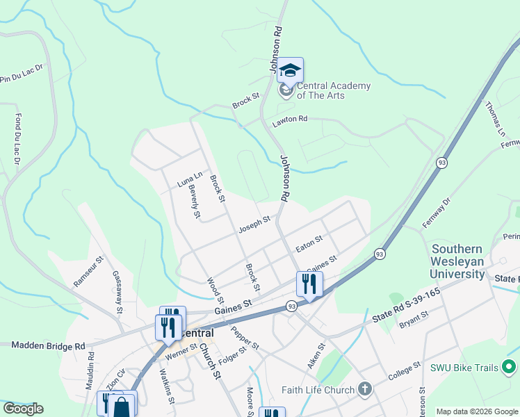 map of restaurants, bars, coffee shops, grocery stores, and more near 120 Sunny Point Loop in Central