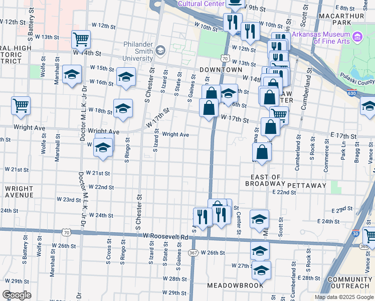 map of restaurants, bars, coffee shops, grocery stores, and more near 1901 South Gaines Street in Little Rock