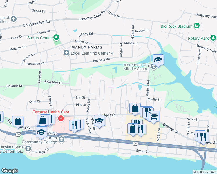 map of restaurants, bars, coffee shops, grocery stores, and more near 413 Commerce Avenue in Morehead City