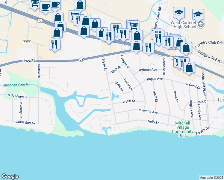 map of restaurants, bars, coffee shops, grocery stores, and more near 303 Bryan Street in Morehead City