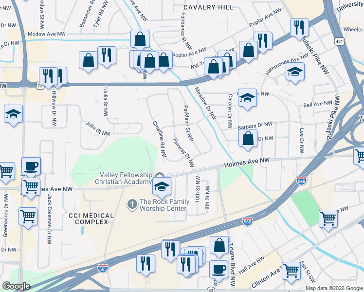 map of restaurants, bars, coffee shops, grocery stores, and more near 913 Parklane Street Northwest in Huntsville