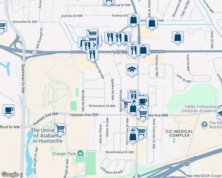 map of restaurants, bars, coffee shops, grocery stores, and more near 920 Speake Road Northwest in Huntsville