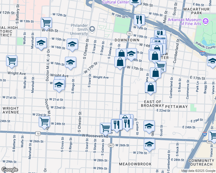 map of restaurants, bars, coffee shops, grocery stores, and more near 1862 South Arch Street in Little Rock