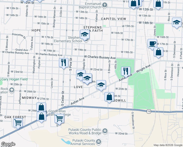 map of restaurants, bars, coffee shops, grocery stores, and more near 2200 Valmar Street in Little Rock
