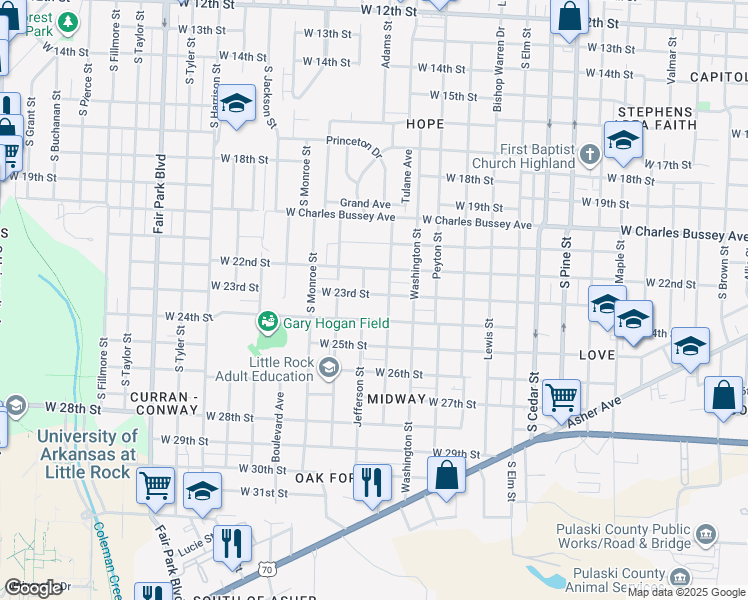 map of restaurants, bars, coffee shops, grocery stores, and more near 4600 West 23rd Street in Little Rock