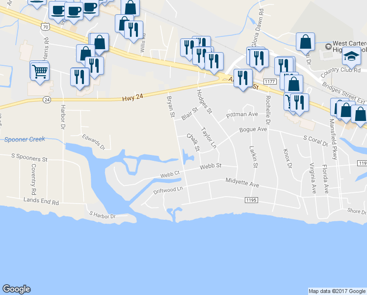 map of restaurants, bars, coffee shops, grocery stores, and more near 303 Bryan Street in Morehead City