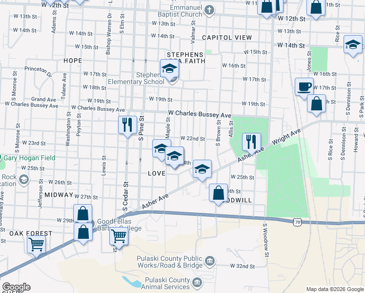 map of restaurants, bars, coffee shops, grocery stores, and more near 2200 Valmar Street in Little Rock
