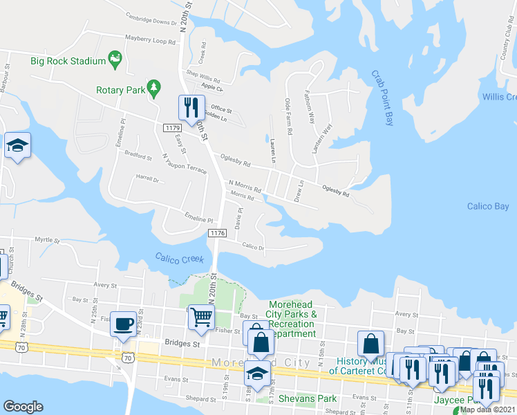 map of restaurants, bars, coffee shops, grocery stores, and more near 917 Calamanda Court in Morehead City