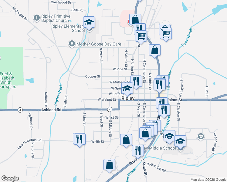 map of restaurants, bars, coffee shops, grocery stores, and more near 401-599 West Spring Street in Ripley