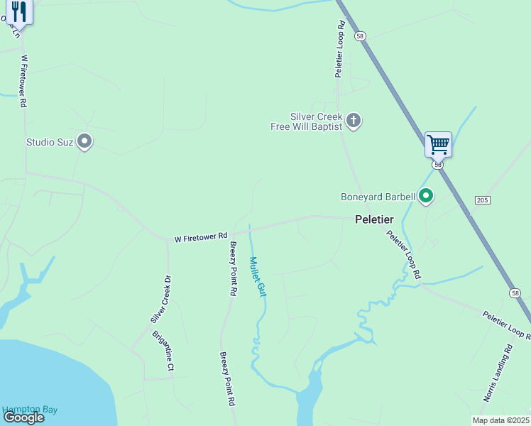 map of restaurants, bars, coffee shops, grocery stores, and more near 252 West Firetower Road in Swansboro