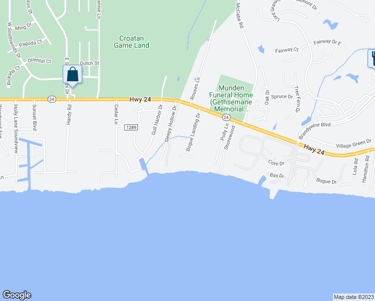 map of restaurants, bars, coffee shops, grocery stores, and more near 118 Bogue Landing Dr in Newport