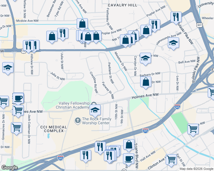 map of restaurants, bars, coffee shops, grocery stores, and more near 913 Parklane Street Northwest in Huntsville
